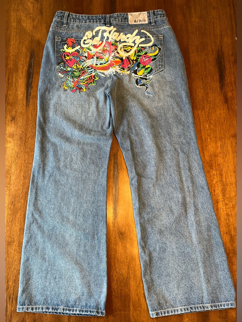 Ed Hardy Dragon Koi Tiger Tattoo Graphic Baggy Wide Leg Jeans Size 34